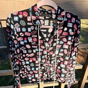 Zara Pajama-Style Tie-Neck Blouse with Callout Print of Boy's Names